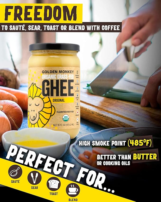 GOLDEN MONKEY Organic Ghee Butter ??Grass Fed Clarified Butter for Cooking, Baking, Keto & Gut Health ??Ghee Butter Organic Grass Fed from Small Farms ??Smooth Spread with High Smoke Point (16oz)