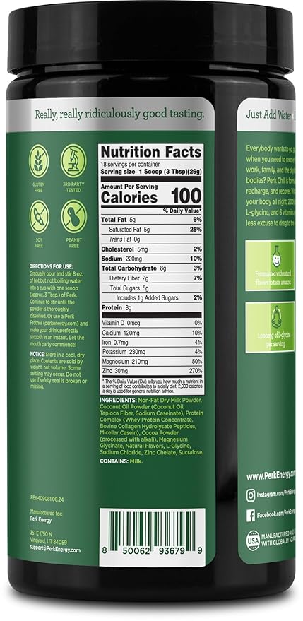 Perk Chill Mint Chocolate Flavored Drink Mix (18 Servings) - Gluten-Free, Peanut-Free