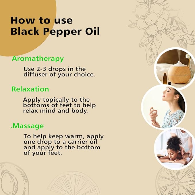 Black Pepper Essential Oil 1 Oz ??100% Pure Natural Black Pepper Oil for Diffuser, Massage, DIY Blends & Personal Care, Fresh Spicy Aroma