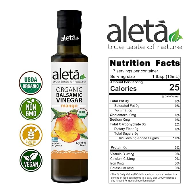 Aleta Farms Balsamic Vinegar, Mango Infused Organic Balsamic Vinegar, Aged, Flavored, USDA Organic, Glass Bottle, Product of Greece, 8.45 oz (Mango)