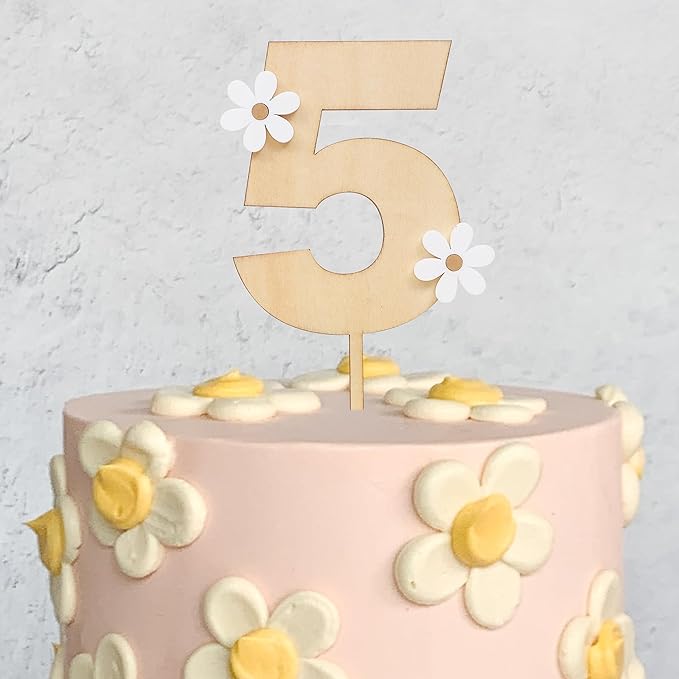 Wooden Daisy Cake Topper For 5th Birthday - Daisy Birthday Party Decor, Retro Groovy Birthday, Boho Birthday, Wooden Cake Decorating Supplies, 5th Anniversary (Daisy 5 Cake Topper)