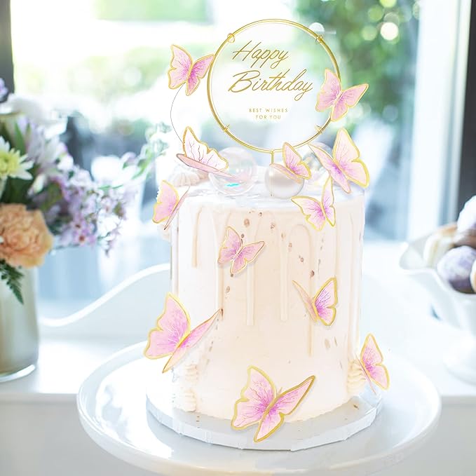 11-Piece Pink Gold Butterfly Cake Toppers Set - Happy Birthday Metal Gold Cake Topper & Decorations (LL-652)