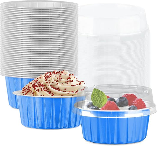 50 Pack Baking Cups with Lids, Aluminum Foil Cupcake Cups Muffin Liners, Disposable Foil Ramekins, Cupcake Holders Dessert Containers Mini Pudding Cups (Blue)
