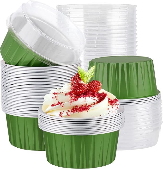 EUSOAR Aluminum Muffin Cups with Lid, 30pcs 5oz Creme Brulee Ramekins Disposable Custard Flan Molds, Oven Small Foil Dessert Containers Baking Cups for Wedding Birthday Party Favor-Dark Green