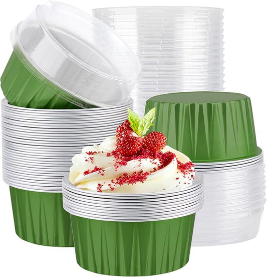 EUSOAR Aluminum Muffin Cups with Lid, 30pcs 5oz Creme Brulee Ramekins Disposable Custard Flan Molds, Oven Small Foil Dessert Containers Baking Cups for Wedding Birthday Party Favor-Dark Green