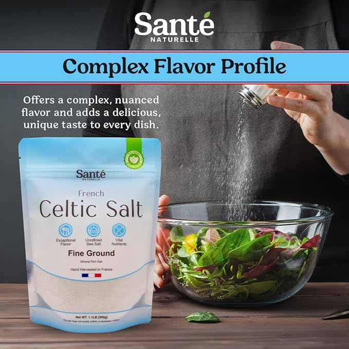 Sante Fine Ground Sea Salt From the Celtic Sea - 1.1lb (18oz) Pack of 3, Unrefined Organic French Sea Salt, Rich in 82+ Minerals Salt, 100% Natural & Hand Harvested