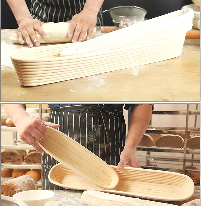 I-LAN 2 Pack 21.7" Baguette Banneton Proofing Basket with Liner-Oval Rattan Sourdough Proofing Basket with Cloth Lines-Baguette Banneton Bread Baking Baskets for Home Bake 21.7"X4.5"X3"