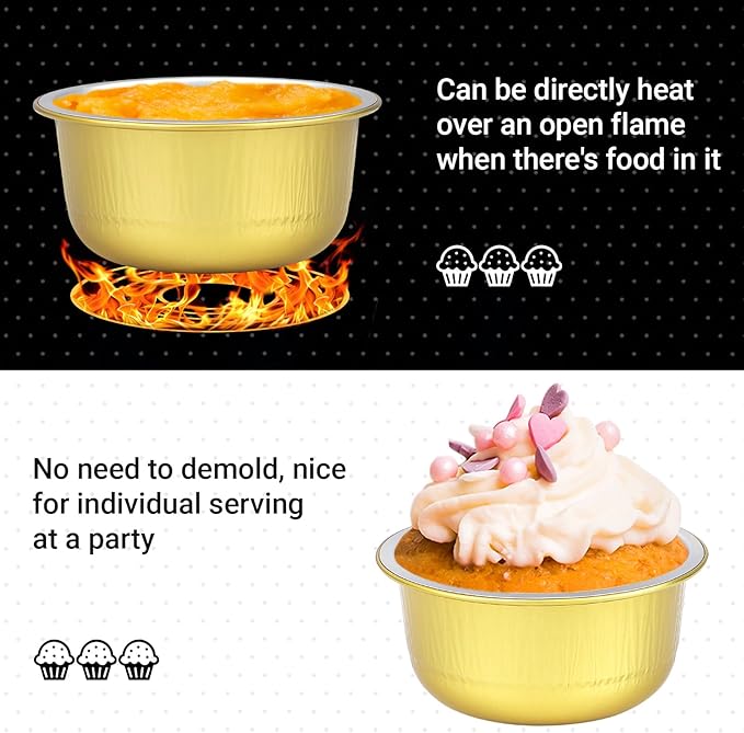 Beasea Aluminum Ramekins With Lids, 50 Pack 6.1oz 180ml Disposable Foil Aluminum Baking Cups Round Oven Baking Mini Cupcake Cups for Party - Gold