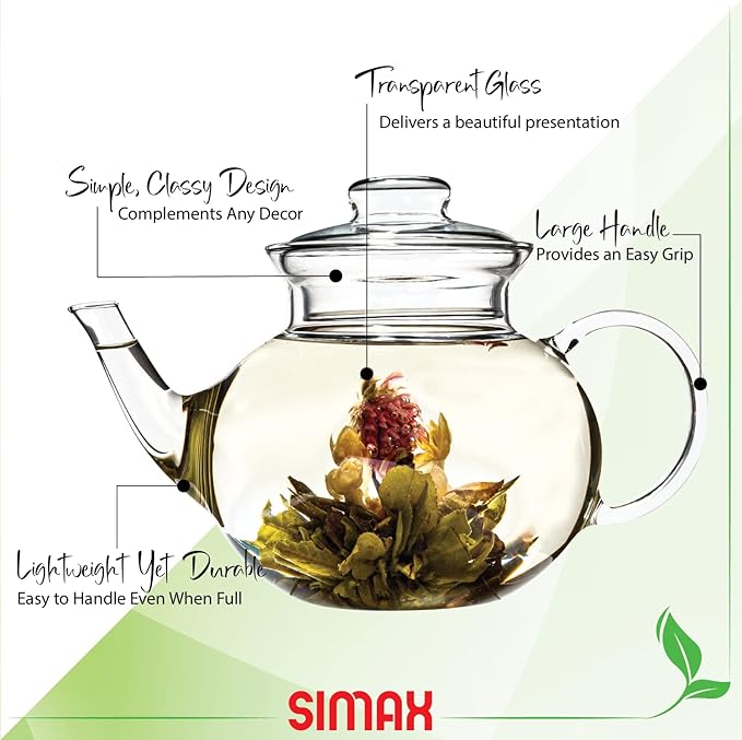 Simax Glassware 33 Ounce Glass Teapot | With Spout, Microwave and Stovetop Safe, Heat, Cold, and Thermal Shock Resistant Borosilicate Glass, Makes a Stunning Presentation??,<div>