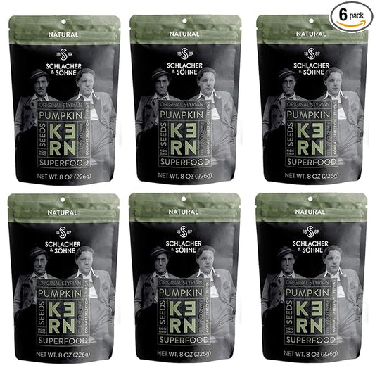 Schlacher & Söhne Styrian Pumpkin Seeds, 100% Pure & Natural, Premium Quality Pepitas, Healthy Snacks, Raw, Fresh Superfood, Unsalted, Full of Proteins, Made in Austria (6 Pack, Natural Seeds)