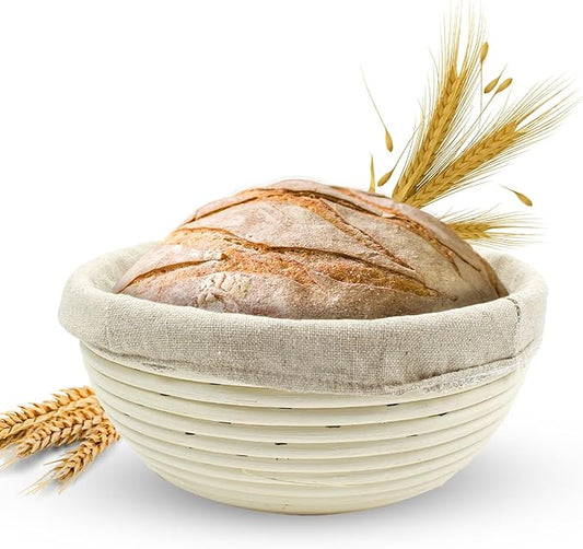 Banneton Bread Proofing Basket Sourdough Proofing Basket for Beginners & Professional Bakers, Handwoven Rattan Cane Bread Maker for Artisan Breads, 8.5 x 3 Inch, 1-Pound Round Brotform