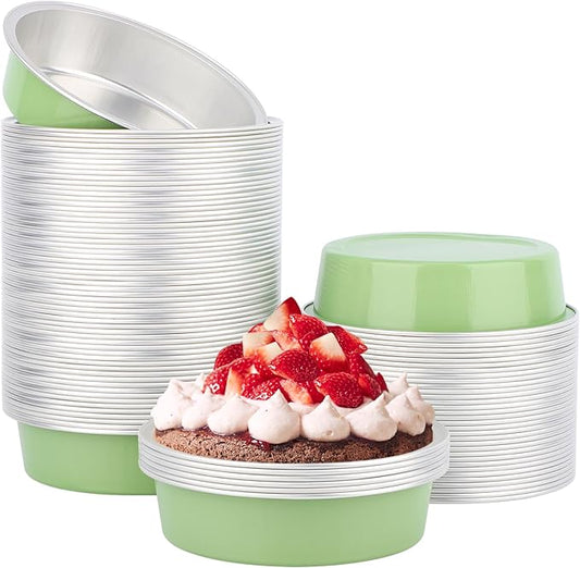 Beasea Disposable Aluminum Ramekins, 100 Pack 4 Inch 7.3oz 215ml Disposable Baking Foil Cups No Lids Mini Ramekin Cup Cupcake Aluminum Baking Cups for Party - Pea Green