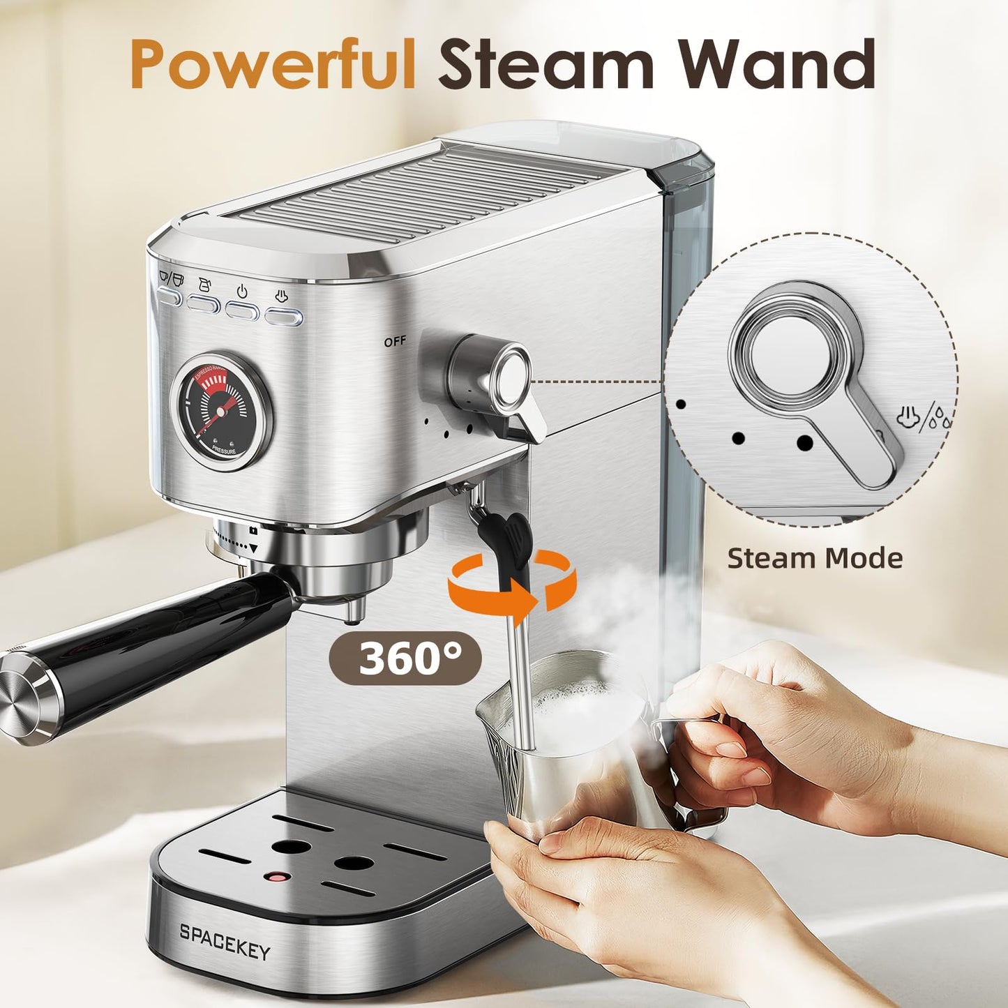 Spacekey Espresso Machine with Milk Frother, 20 Bar Compact Expresso Coffee Machines for Home