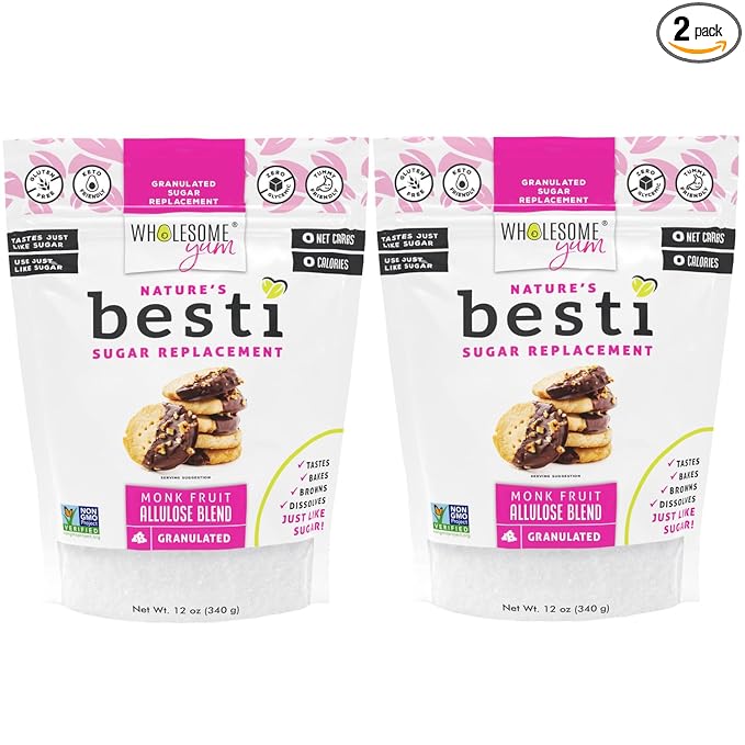 Wholesome Yum Besti Natural Sugar Substitute - Keto Granulated Monk Fruit Sweetener Blend With Allulose (No Erythritol) - Non GMO, Zero Calorie, Zero Carb, Sugar Free, No Aftertaste (12 oz, 2 Pack)
