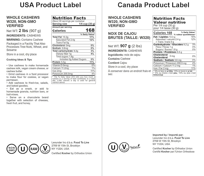 Food to Live Raw Cashews, 2 Pounds ??Non-GMO Verified, Deluxe Whole Nuts, Unsalted, Unroasted, Size W-320, Vegan, Kosher, Bulk
