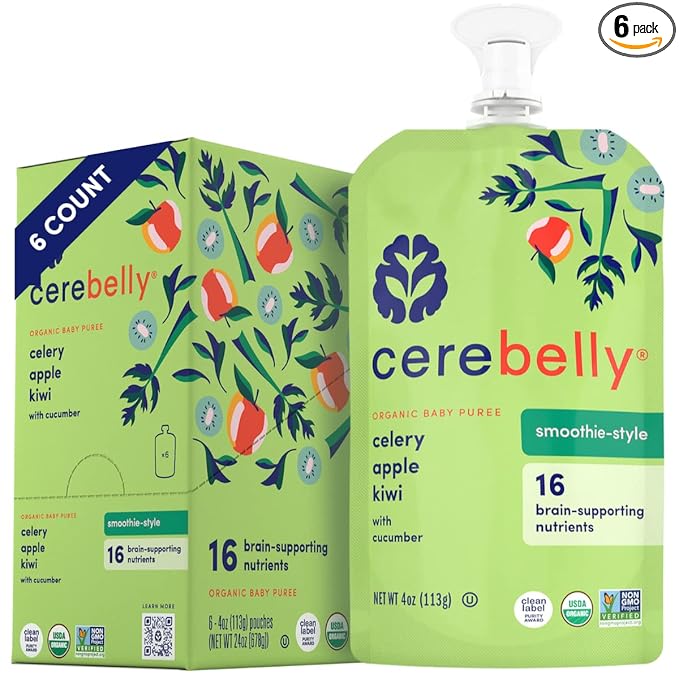 Cerebelly Organic Baby Food Pouches ??Dairy Free Smoothies for Toddlers | No Added Sugar, Fiber, Non-GMO | Toddler Smoothie Pouches | 4oz BPA-Free Baby Food | Celery Apple Kiwi | 6 Count