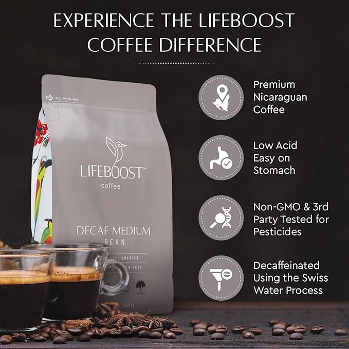 Lifeboost Medium Roast Decaf Coffee Beans ??Organic Low Acid Swiss Water Decaf ??Whole Bean Coffee ??Third Party Tested for Mycotoxins & Pesticides ??Chemical Free ??12 oz