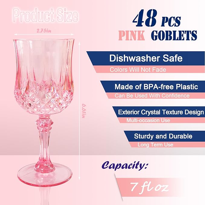 48 PCS Pink Plastic Wine Glasses,Reusable Plastic Wine Glasses,Pink Goblet Glass,Durable and Sturdy Cups Can Be Used for Various Parties Such as Weddings!