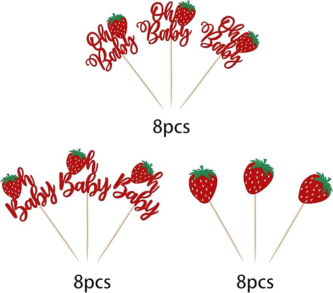 24 Pack Sweet Oh Baby Cupcake Toppers Glitter Oh Baby Strawberry Cupcake Picks Fruit Berry Cupcake Decorations for Summer Strawberry Baby Shower Kids Birthday Party Supplies Red