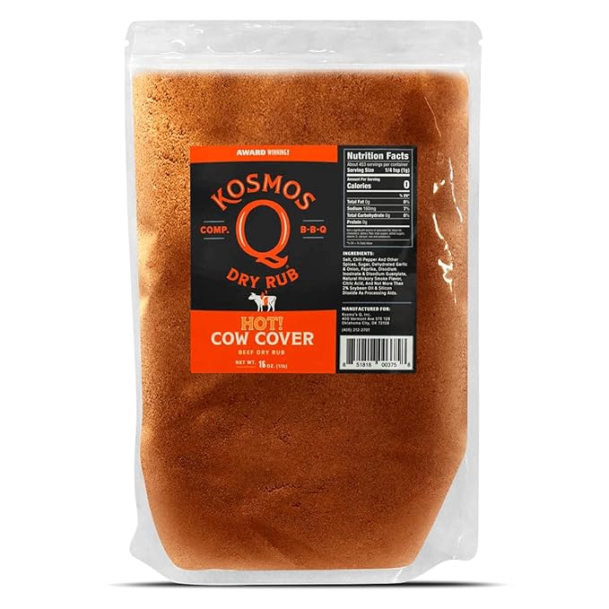 Kosmos Q Hot Cow Cover BBQ Rub, Savory & Spicy Seasoning with Chili Pepper, Garlic & Paprika For Brisket, Steak, Ribs, Burgers, Poultry, Dry Rub for Smoking & Grilling, BBQ Meat Rub, 16 Oz Bag