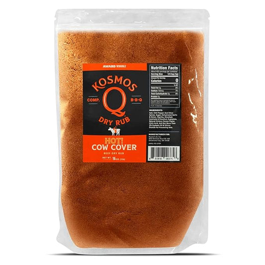 Kosmos Q Hot Cow Cover BBQ Rub, Savory & Spicy Seasoning with Chili Pepper, Garlic & Paprika For Brisket, Steak, Ribs, Burgers, Poultry, Dry Rub for Smoking & Grilling, BBQ Meat Rub, 16 Oz Bag