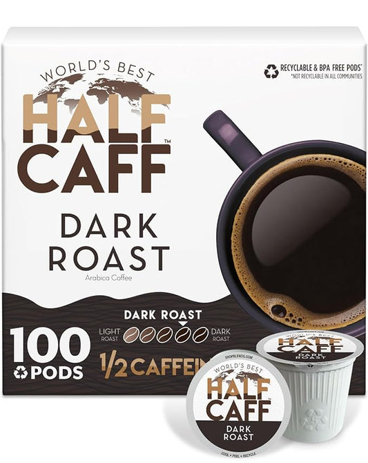 World's Best Half Caff Dark Roast Coffee Pods, 100 ct, Recyclable Single Serve Pods – 100% Arabica Coffee, Compatible with Keurig K Cups Maker