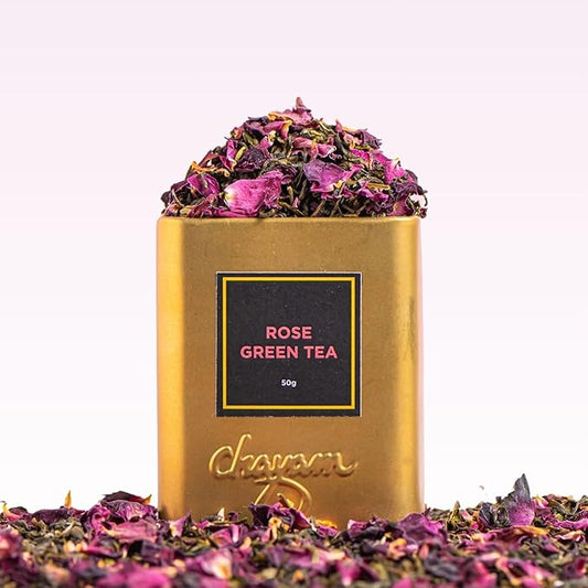 CHAYAM Rose Green Tea - 50g/1.77oz | Premium Floral Tea Tin | Whole Leaf Green Tea and Dried Rose Petals For Healthy Tea | 100% Natural Ingredients with No Sugar & Zero Calories - Pack of 1