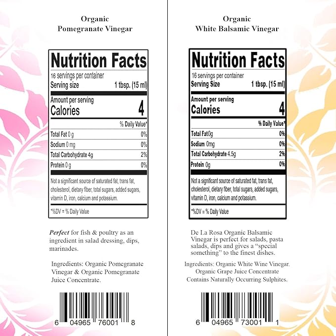 De La Rosa Organic Pomegranate and White Balsamic Vinegar, Vegan, Kosher, Non-GMO & Gluten Free, Great for Salad Dressings, Marinades & More, 8.45 Oz (Pack of 2)