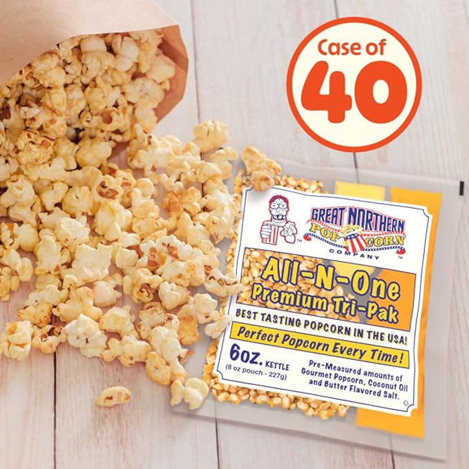 6 oz Popcorn Packs ??Pre-Measured, Movie Theater Style, All-in-One Kernel, Salt, Oil Packets for Popcorn Machines by Great Northern Popcorn (40 Case)