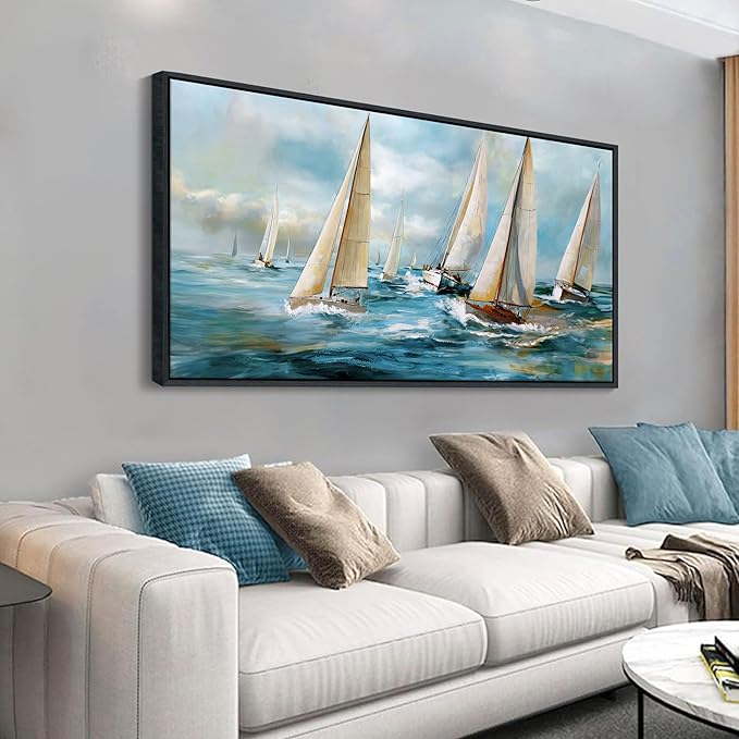 YDYSUNE Sailboat Wall Art - Blue Canvas Abstract Painting Textured Picture Artwork Vintage Nautical Large Painting Coastal Modern Print Frame for Living Room Bedroom Home 24x48inch