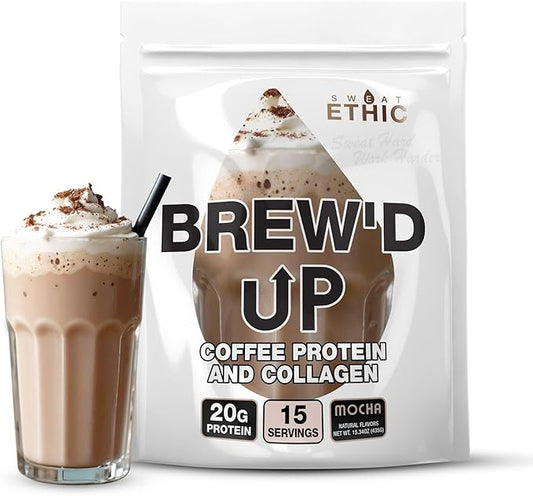 Brew???UP Collagen Protein Coffee, Whey Isolate & Collagen Peptides, Natural Caffeine, Low Lactose, No Added Sugar, Easy-Mix Protein Coffee Powder, Mocha Flavor, 15 Servings