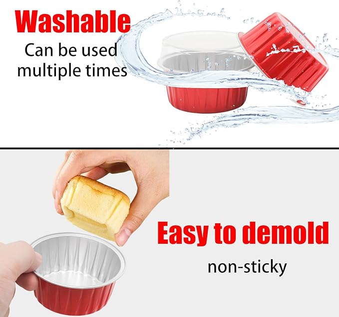 100 Pack 4.2oz Aluminum Cups with Lids Mini Flan Containers with Lids Cupcake Baking Cups, Red