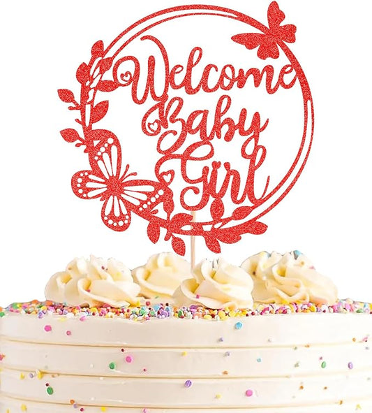 Welcome Baby Girl Cake Topper - Red Glitter Baby Shower Cake Decorations, Baby Girl Cake Decor, for Baby Shower/Birthday Party/Gender Reveal Party Photo Booth Props