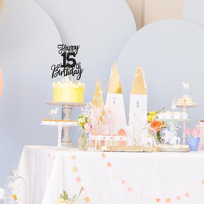 1 PCS Happy 15th Birthday Cake Topper Glitter Cheers to 15 Years Birthday Cake Pick Sweet 15 Fabulous Cake Decoration for Happy 15th Birthday Anniversary Theme Party Decorations Supplies Black