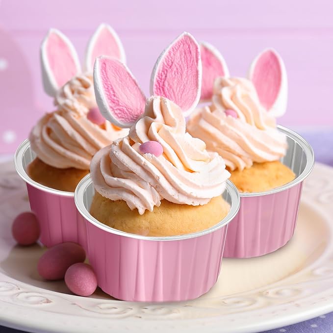 Hushee 600 Pcs Aluminum Foil Baking Cups with Lids and Spoons 5oz Disposable Ramekins Dessert Muffin Creme Brulee Cupcake Liners Containers for Wedding Birthday Christmas Party(Round,Pink)