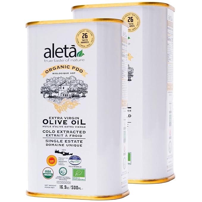 Aleta Farms Olive Oil Extra Virgin, USDA Organic, Single Estate PDO Polyphenol Rich Olive Oil, Cold Pressed, Global Gold Awards, EVOO, Kosher. 16.9 Fl Oz (Pack of 2)