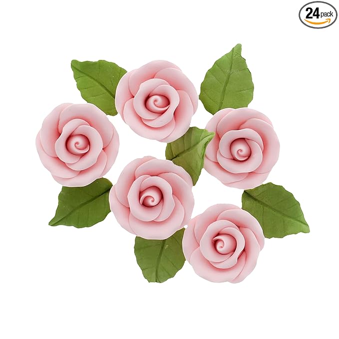 Global Sugar Art Premium Wedding & Party Edible Rose Cake & Cupcake Sugar Flowers, Pink, 24 Count with Leaves by Chef Alan Tetreault