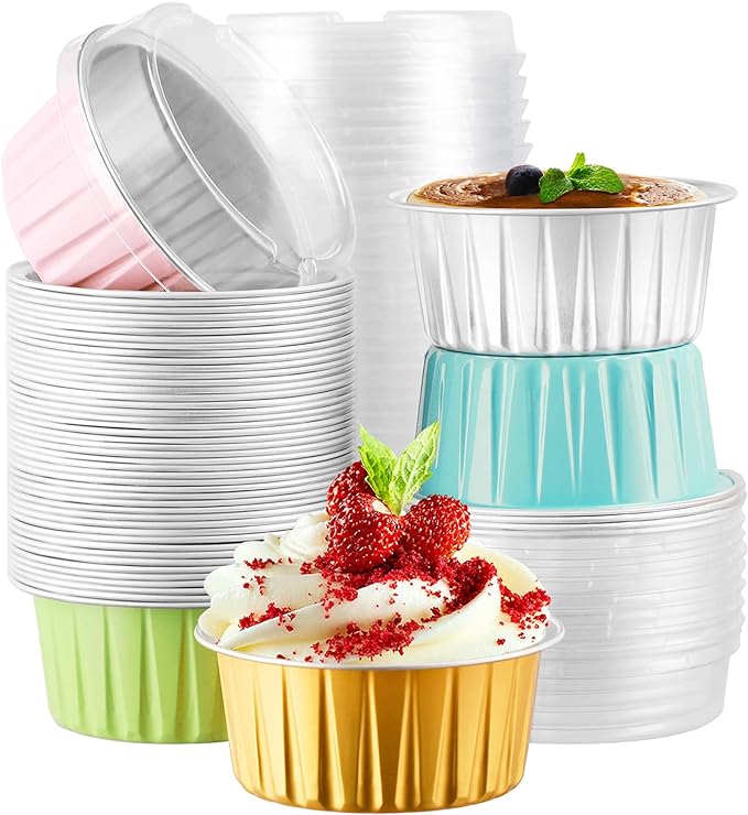 EUSOAR Cupcake Liners for Baking, 50pcs 5oz Muffin Liners, Disposable Foil Ramekins, Dessert Containers, Aluminum Foil Baking Cupcake Cups Holders Pans with Lids 5 Colors Mixed