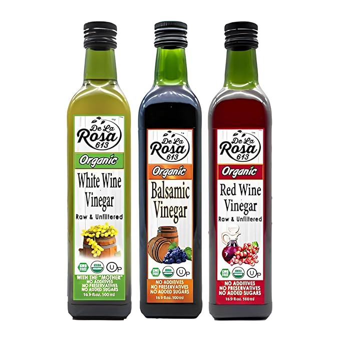 De La Rosa Organic White Wine, Red Wine & Balsamic Vinegar, Vegan, Kosher, Non-GMO & Gluten Free, Great for Salad Dressing, Marinades & More 16.9 Oz (Pack of 3)