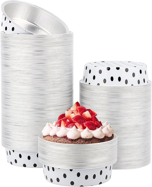 Beasea Aluminum Ramekins Disposable, 200 Pack 4" 7.3oz 215ml Baking Foil Cups Mini Ramekin Cup Cupcake Aluminum Baking Cups No Lids for Party - Black Dot in White