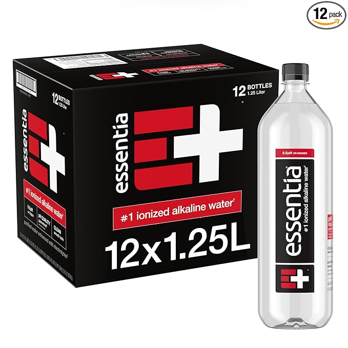Essentia Water LLC , 99.9% Pure, Infused with Electrolytes for a Smooth Taste, pH 9.5 or Higher; Ionized Alkaline Water, Black, 42.3 Fl Oz (Pack of 12)