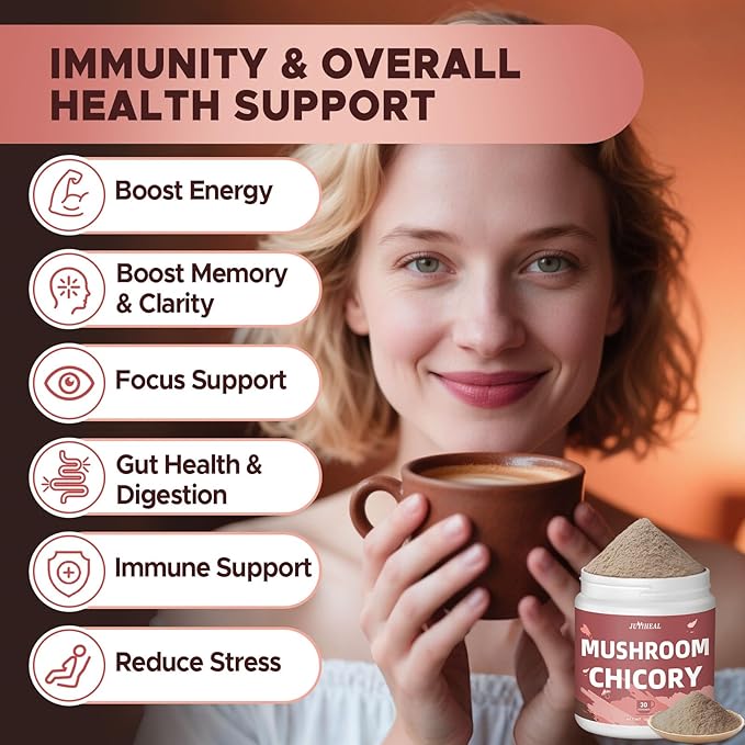JUYIHEAL Mushroom Chicory, Mushroom Chicory Coffee 6 Mushrooms with Chicory Root for Energy, Focus, Digestion, Immunity, 30 servings