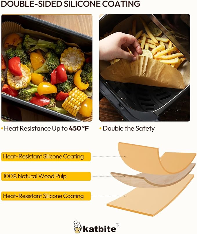 Katbite Air Fryer Liners Disposable - 100PCS, 8x5.5'' Rectangle Liners for Air Fryer Basket, Thick Air Fryer Parchment Paper Liners for Ninja Dual Airfryer Accessories, DZ201, DZ401, FG551