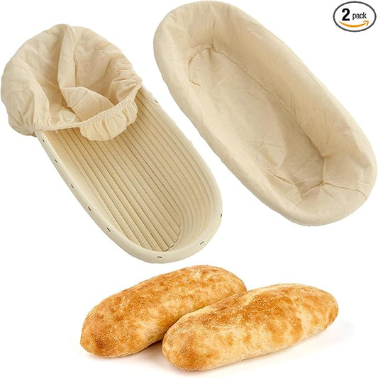 Oval Proofing Basket Set (14x6 inch), Baguette Banneton Bread Proofing Basket and Linen Liner Set for Home Baking, 2 Set