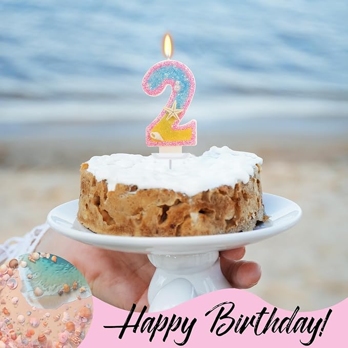 2nd Birthday Candle for Cake, Pink Beach Starfish Sequins Number Cake Candles, 2.76 inch Pink Cake Topper Decoration for Birthday Party (Number 2)