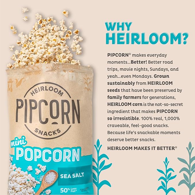 Heirloom Sea Salt Mini Popcorn by Pipcorn - 4.5oz 6pk - Healthy Snacks, Gluten Free Snacks, Heirloom Corn, Salty Snacks