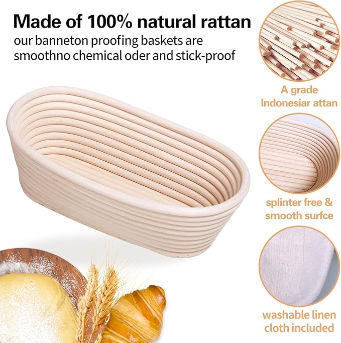 Banneton Bread Proofing Basket Set of 2, 10 Inch Oval Sourdough Bread Baking Supplies, Bread Making Starter Kit, Proofing Baskets for Baking, Perfect Baker's Gift Set