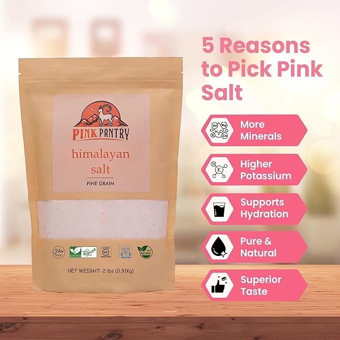 Pink Pantry Himalayan Pink Salt, 100% Pure Himalayan Salt, Non-GMO, Kosher Certified, No Additives, Ideal for Cooking, Seasoning & Gourmet Dishes, Rich in Trace Minerals, 2lb Pouch, Fine Grain