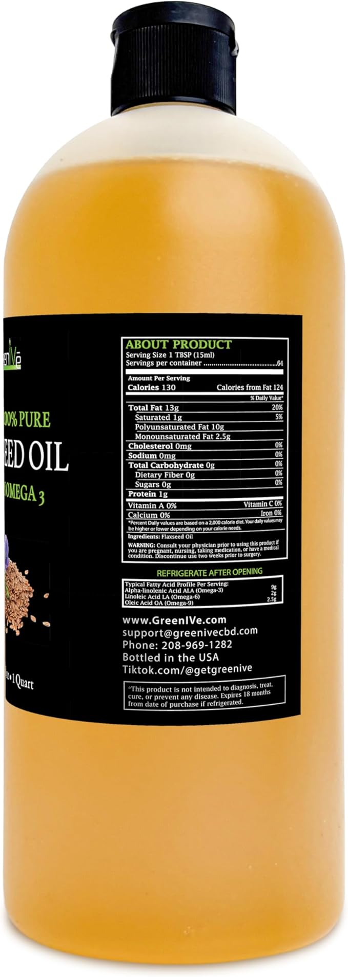 GreenIVe Flax Seed Oil Organically Grown100% Pure Cold Pressed High Vegan Omega Fatty Acids Gluten-Free (32 Fl Oz)