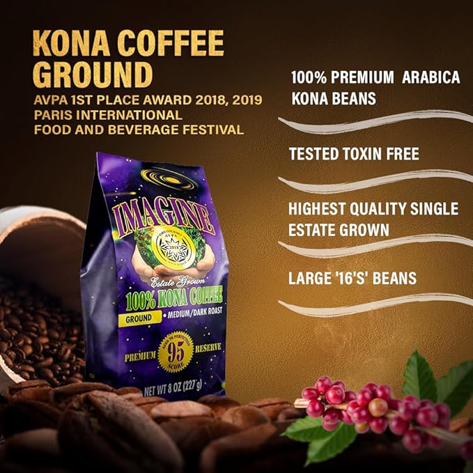 Imagine Kona Organic Coffee Beans | Arabica Kona Beans | Top Grade Air Roasted | Medium Dark Roast | Organic Whole Bean (Ground, 8 ounce)